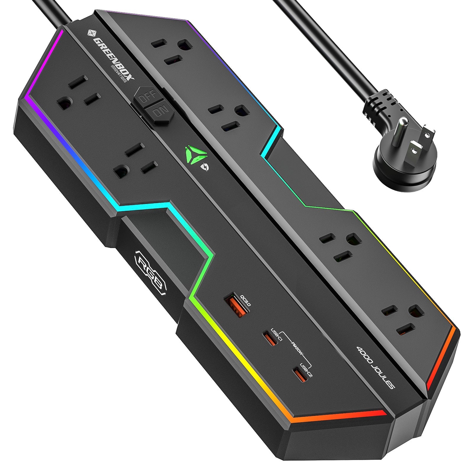 4000J Gaming Power Strip w/ Surge Protector + USB-C Fast Charge, 6 Wide-Spaced Outlets, RGB Lighting, 6ft Cord
