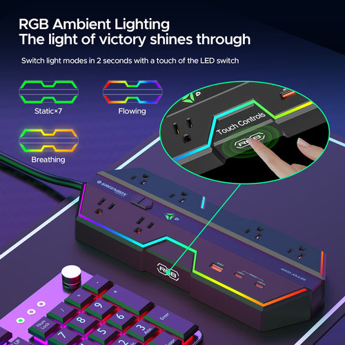 4000J Gaming Power Strip w/ Surge Protector + USB-C Fast Charge, 6 Wide-Spaced Outlets, RGB Lighting, 6ft Cord