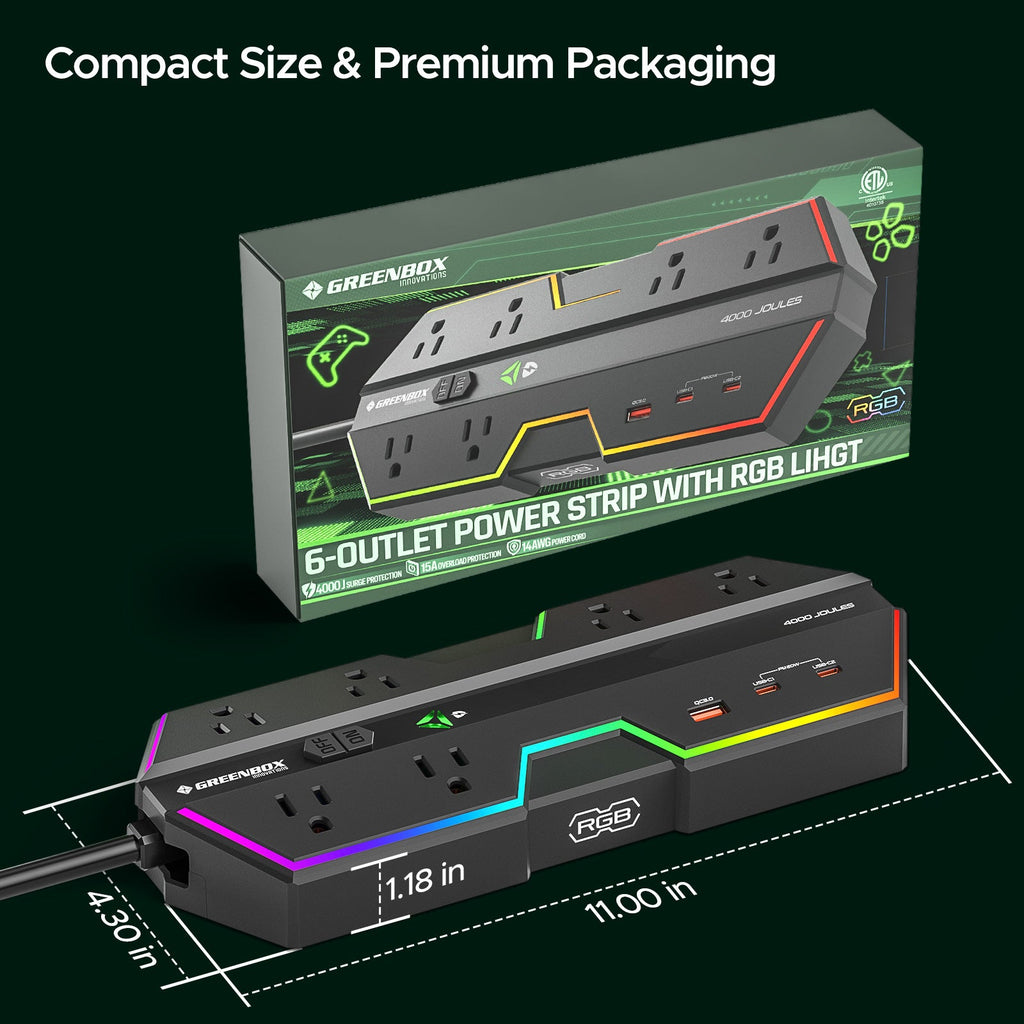 4000J Gaming Power Strip w/ Surge Protector + USB-C Fast Charge, 6 Wide-Spaced Outlets, RGB Lighting, 6ft Cord
