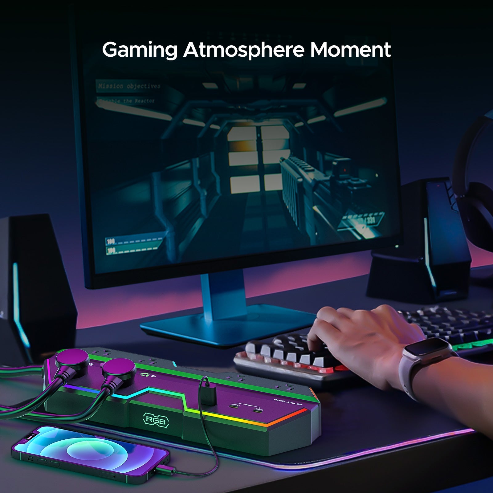 4000J Gaming Power Strip w/ Surge Protector + USB-C Fast Charge, 6 Wide-Spaced Outlets, RGB Lighting, 6ft Cord