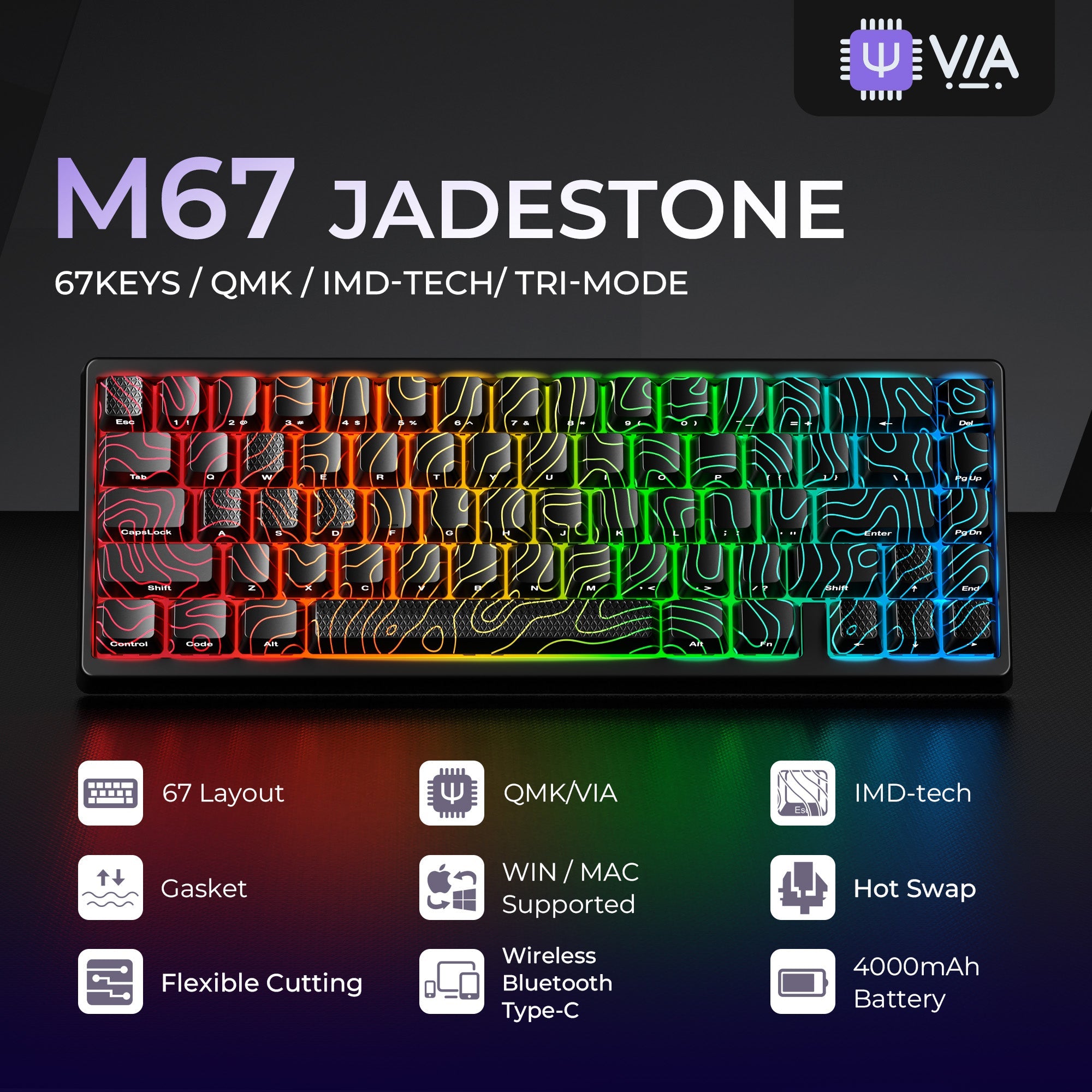 XVX M67 JadeStone Interstellar Black Tri-Mode RGB Lit Mechanical Keyboard (choose wired or wireless) (2 color options)