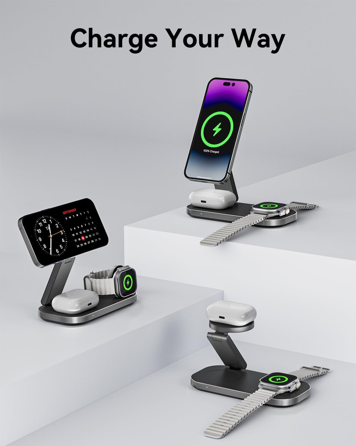 3-In-1 Charging Station for Apple Devices, Qi2 25W Certified, Magnetic, Wireless, Foldable & Fast Charger Stand