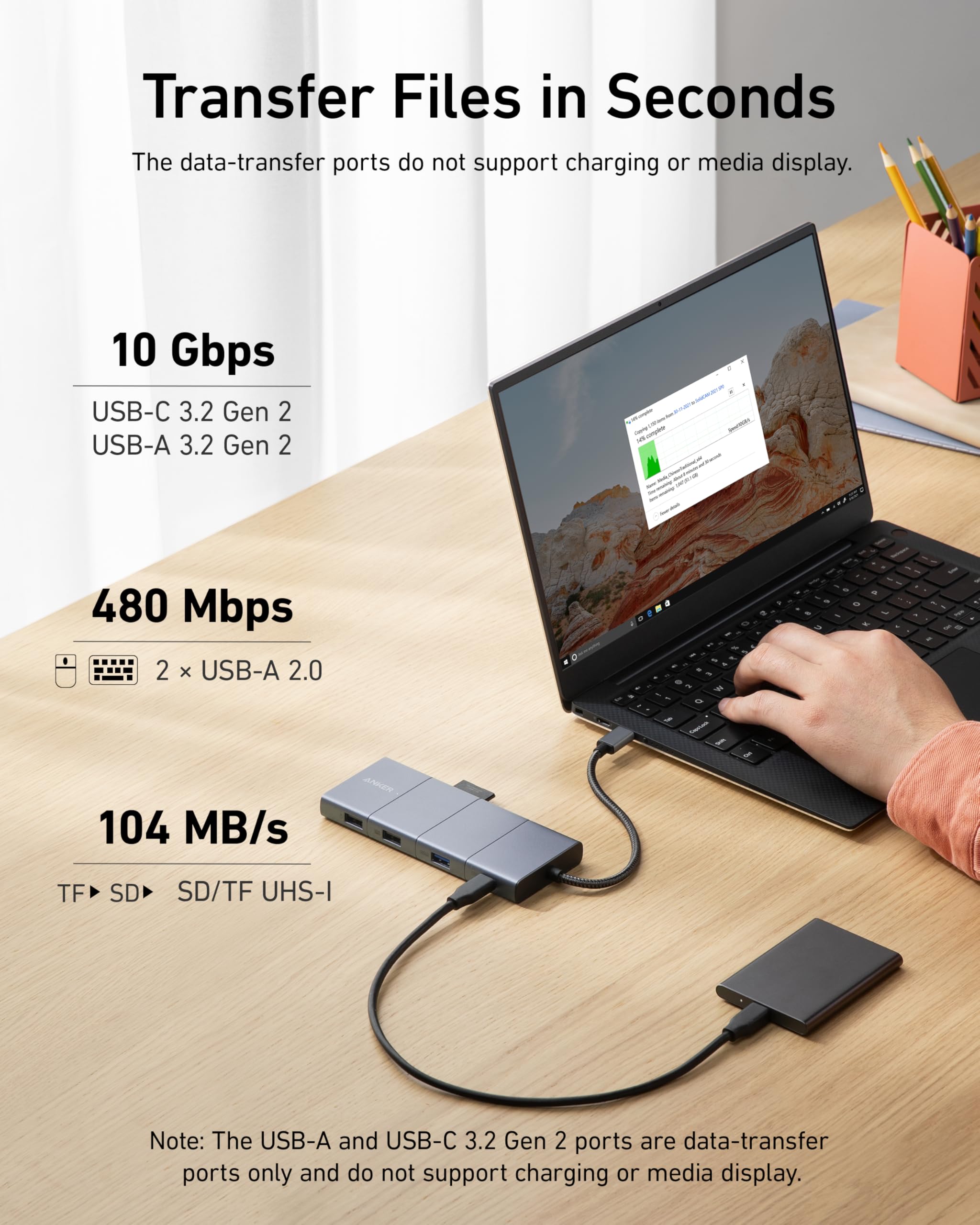 Anker - HDMI Data Transfer + Device Charging Capability w/ 11 Ports (including USB-C, USB-A, SD, Micro SD & more) for maximum device compatibility