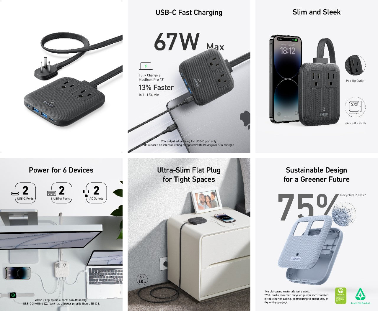 Anker - Eco-Friendly, Slim Wall Plug-In Nano Charging Power Strip Station w/ 2 USB-C + 2 USB-A charging ports w/ 67W power (3 color options)