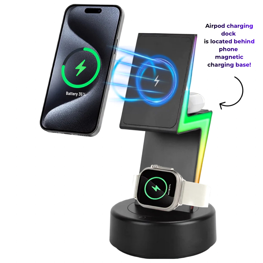 3 In 1 Magsafe Charger Wireless Charging Station Magnetic Charger Dock with 5 RGB Light Modes for IOS Phone 12-15 Airpods iWatches