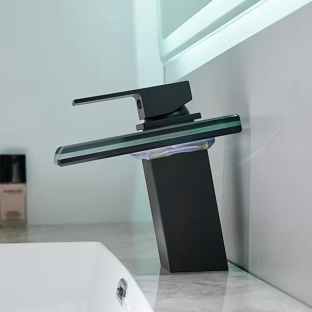 Single Handle Single Holewaterfall Bathroom Vessel Faucet with Led Light in Matte Black